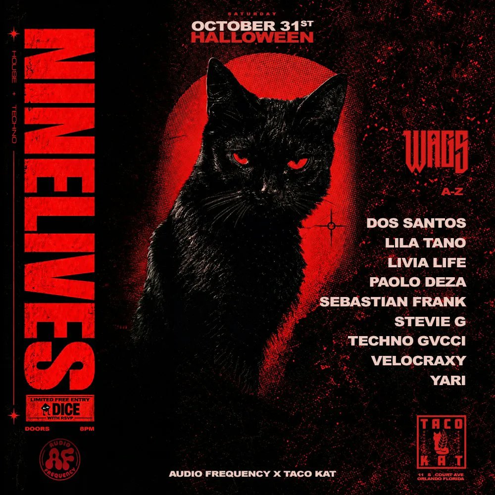 NINELIVES: Wags, Livia Life, YARI, Sebastian Frank, Stevie G, Velocraxy, Dos Santos, Paolo Deza + more — Taco Kat · Sat