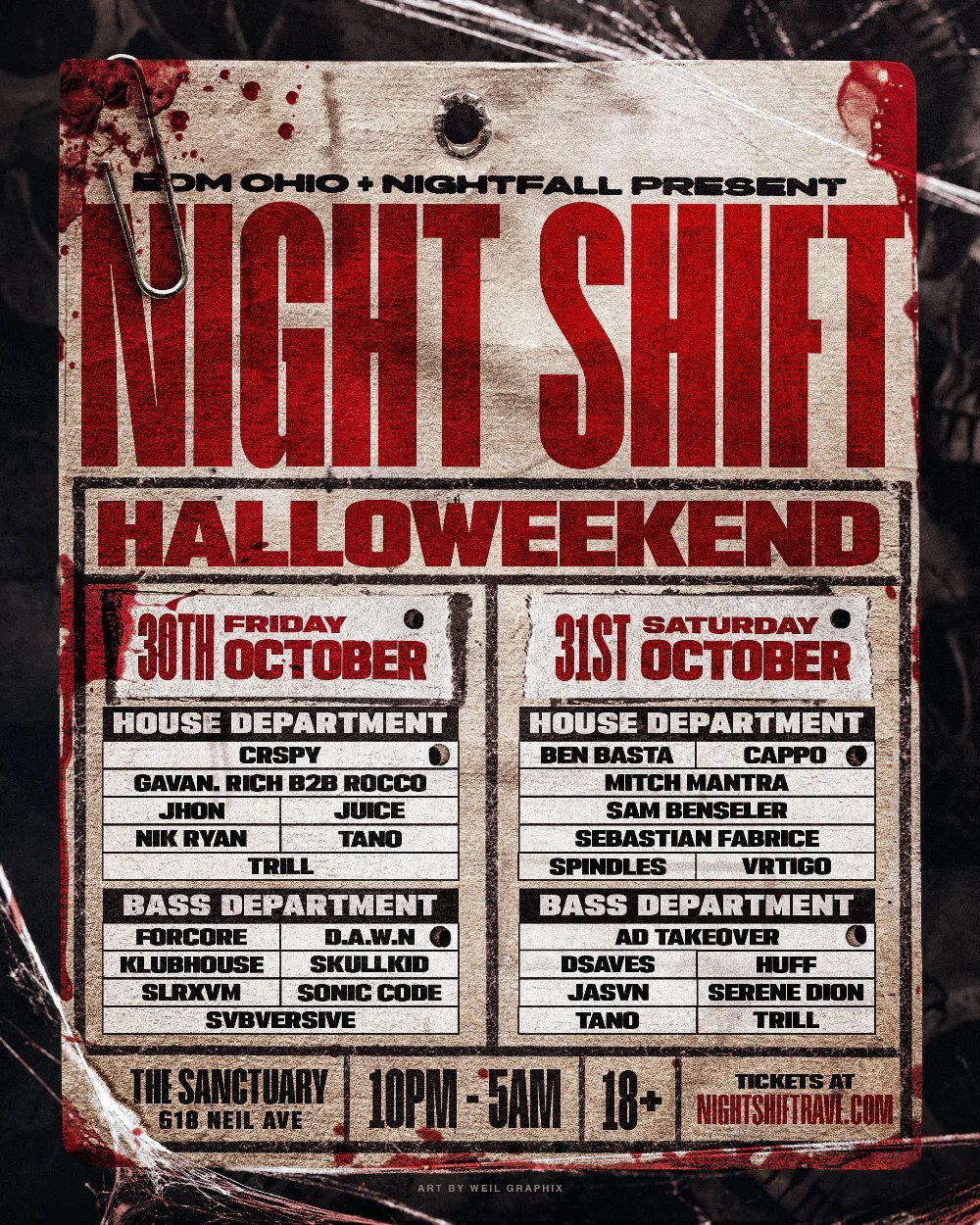 EDM OHIO x NIGHTFALL - NIGHT SHIFT HALLOWEEN RAVE: Nik Ryan, Tano, Serene Dion + more — The Sanctuary On Neil · Sat Oct