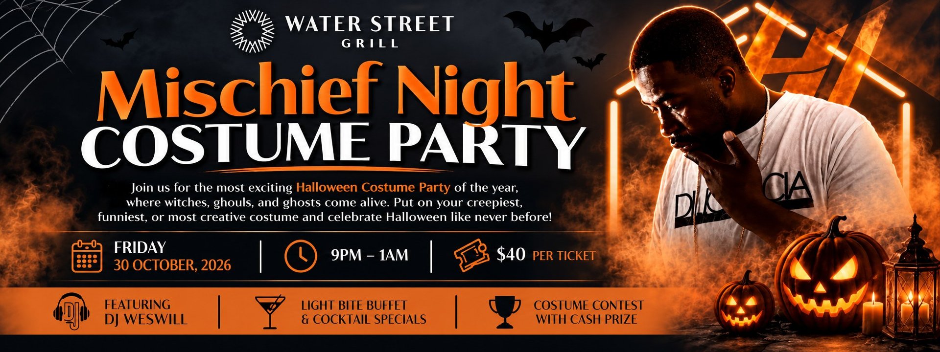 Mischief Night Costume Party with DJ Weswill — Water Street Grill, Camden · Fri Oct 30 · 9pm–1am