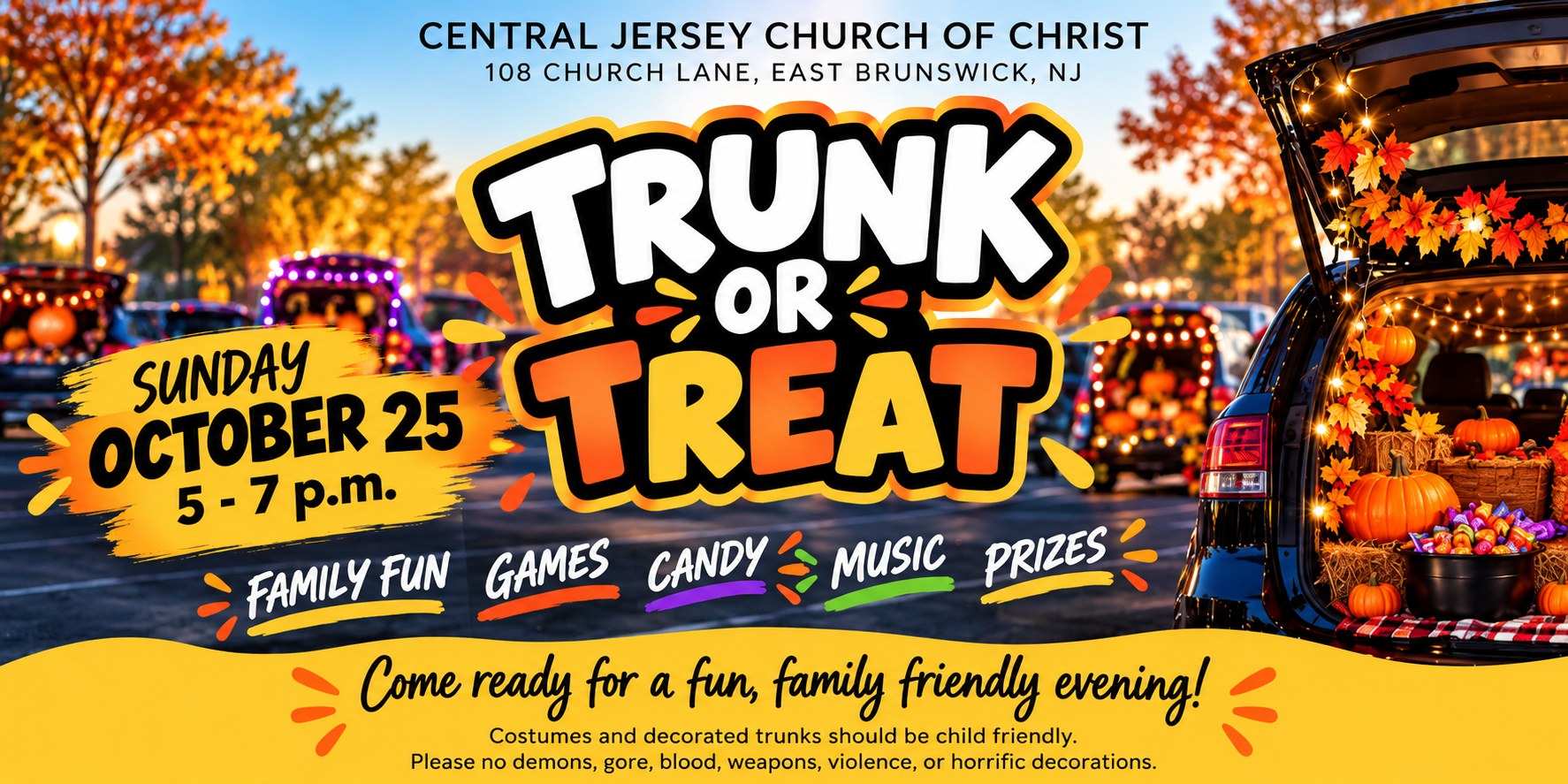 Trunk or Treat — Central Jersey Church of Christ, East Brunswick · Sun Oct 25 · 5–7pm · Free