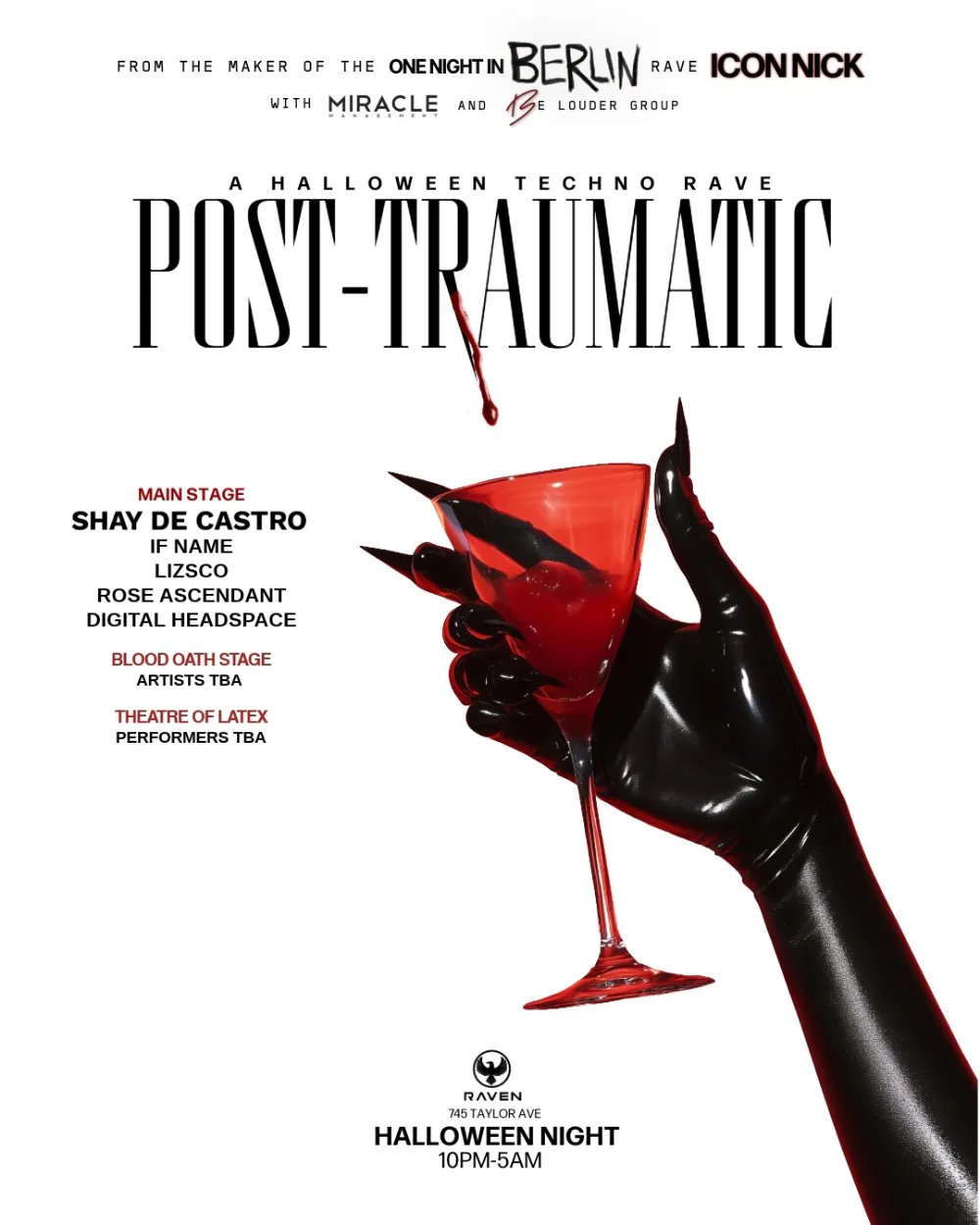 POST-TRAUMATIC A HALLOWEEN RAVE FT SHAY DE CASTRO: Shay De Castro, IF NAME, Lizsco + more — 745 Taylor Ave · Sat Oct 31