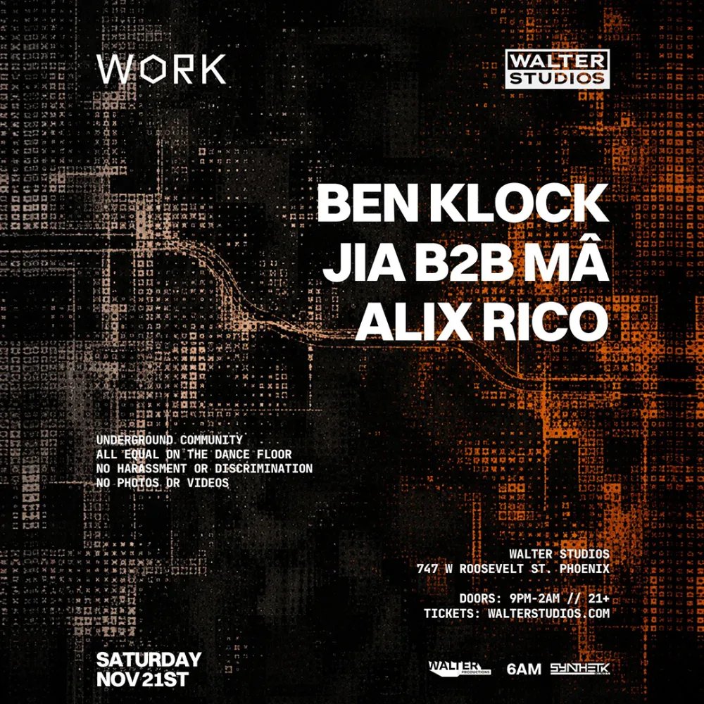 Ben Klock, JIA b2b Mâ, Alix Rico — Walter Studios · Sat Nov 21