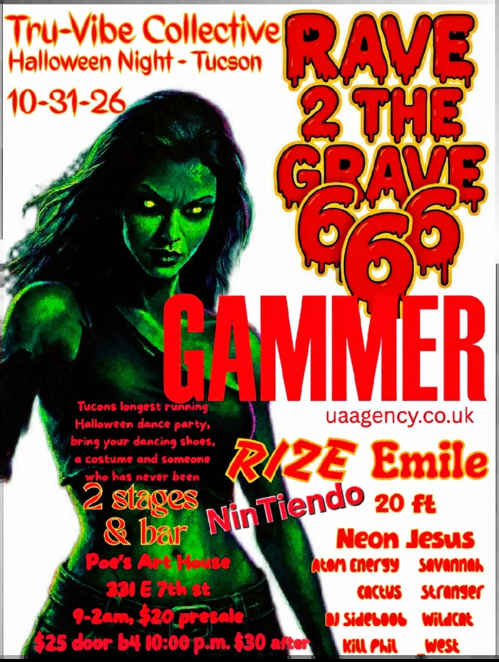 RAVE 2the GRAVE 666: Gammer, RIZE, Emile, 20ft Neon Jesus, NinTiendo, atom energy + more — Poe's Art House · Sat Oct 31