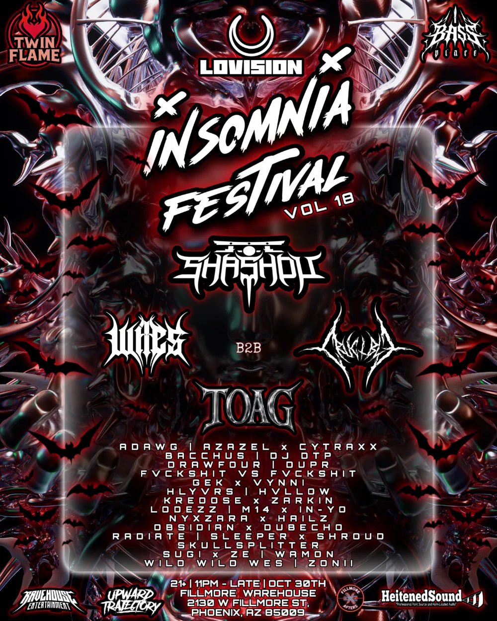 Insomnia Festival Vol 18: Shashou, Wiles b2b CRUCIBLE, TOAG — 2136 West Fillmore Street · Fri Oct 30